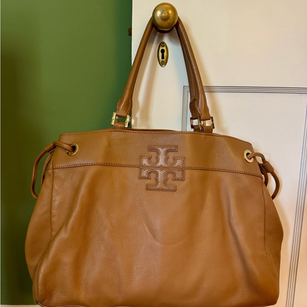 Tory Burch Stacked T Logo Leather Tote w/ Gold Hardware